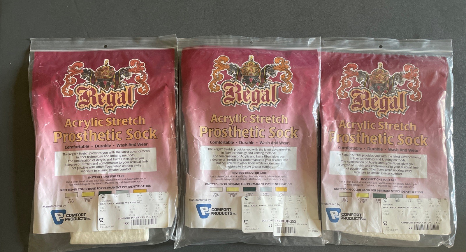 Set of 3 Regal Acrylic Prosthetic Socks, Length 14-16, 5ply MED REG PSRMDRG53
