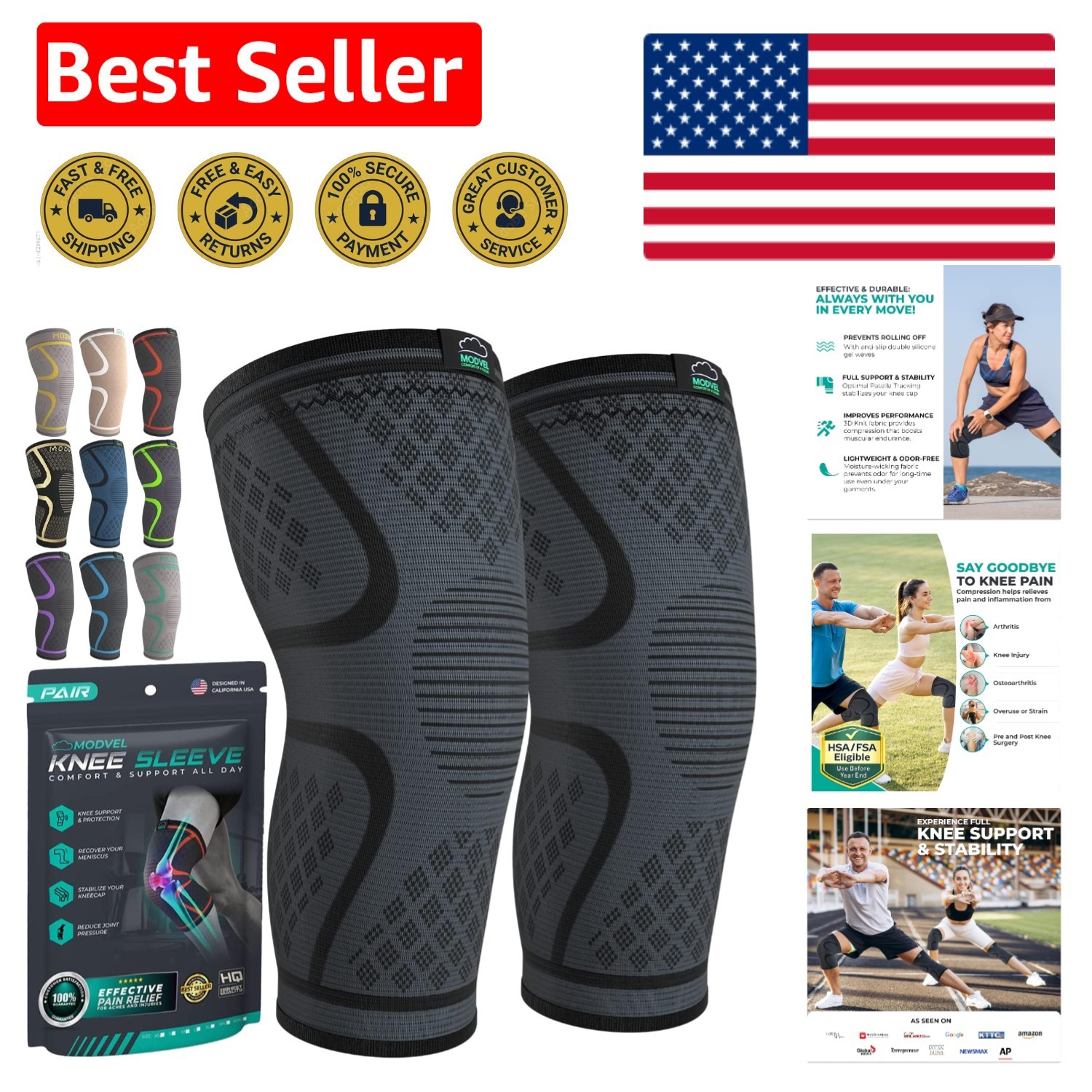 Compression Knee Brace for Pain Relief & Support – 2-Pack, All Sizes Available