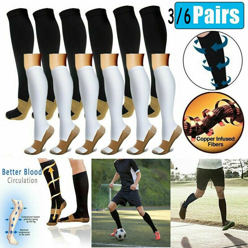 3Pairs Copper Compression Socks 20-30mmHg Graduated Support Mens Womens S/M-XXL