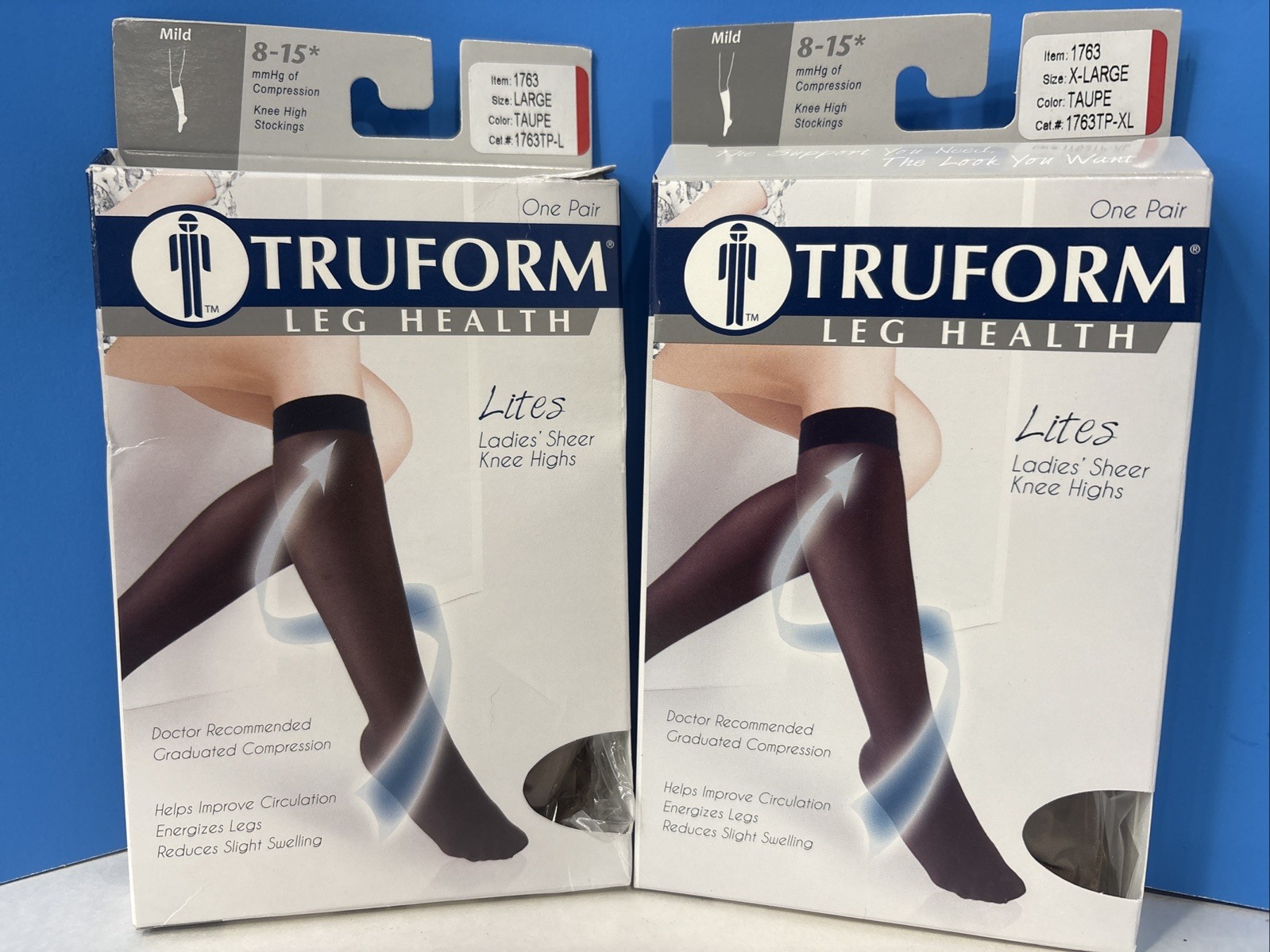 2x Truform 1763, Knee High Stocking, 8-15 MMHG of Compression, Taupe Lg and Xl