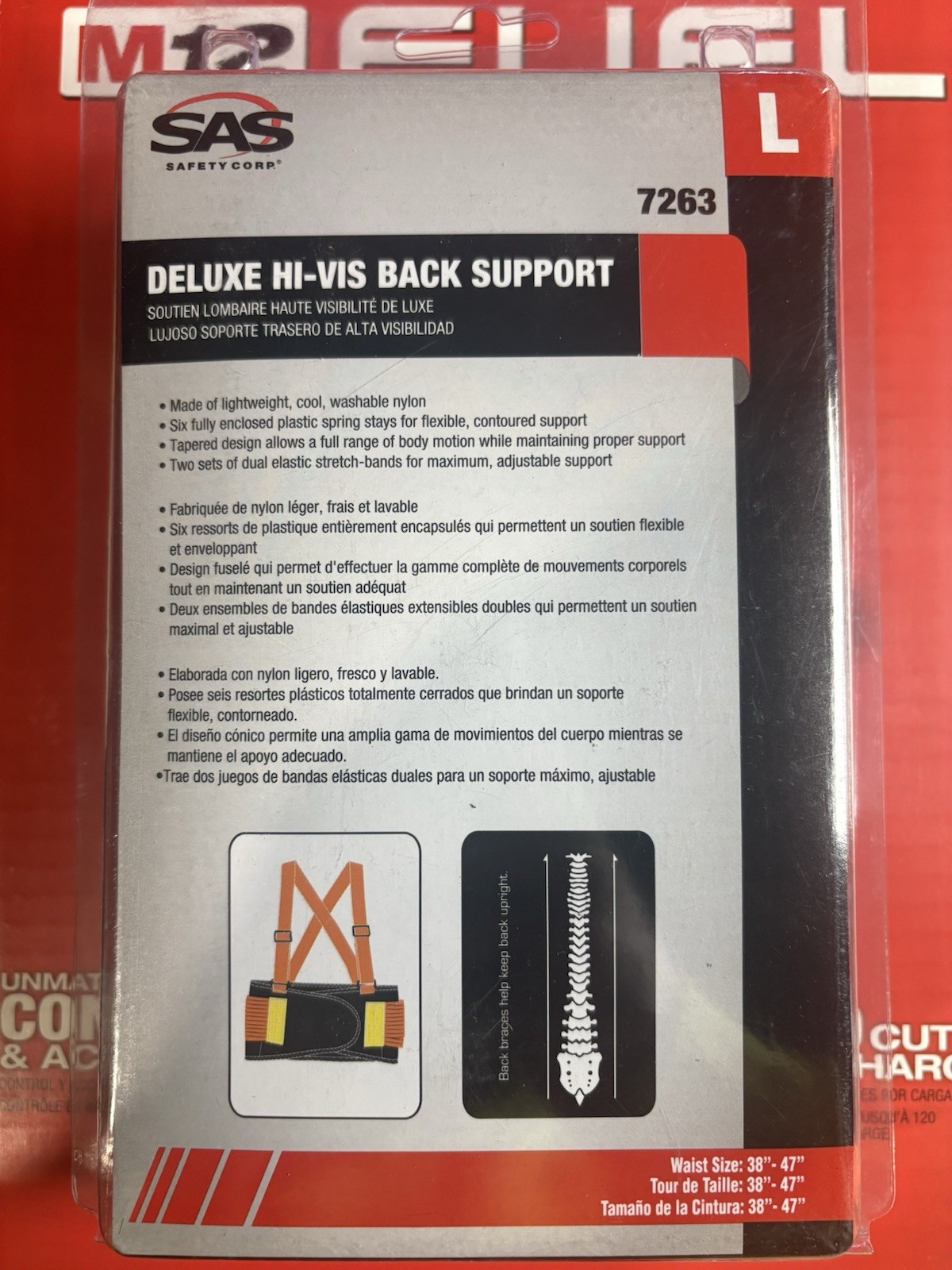 SAS Safety Corp Deluxe Hi-Vis Back Support Belt L, Adjustable Washable 7263
