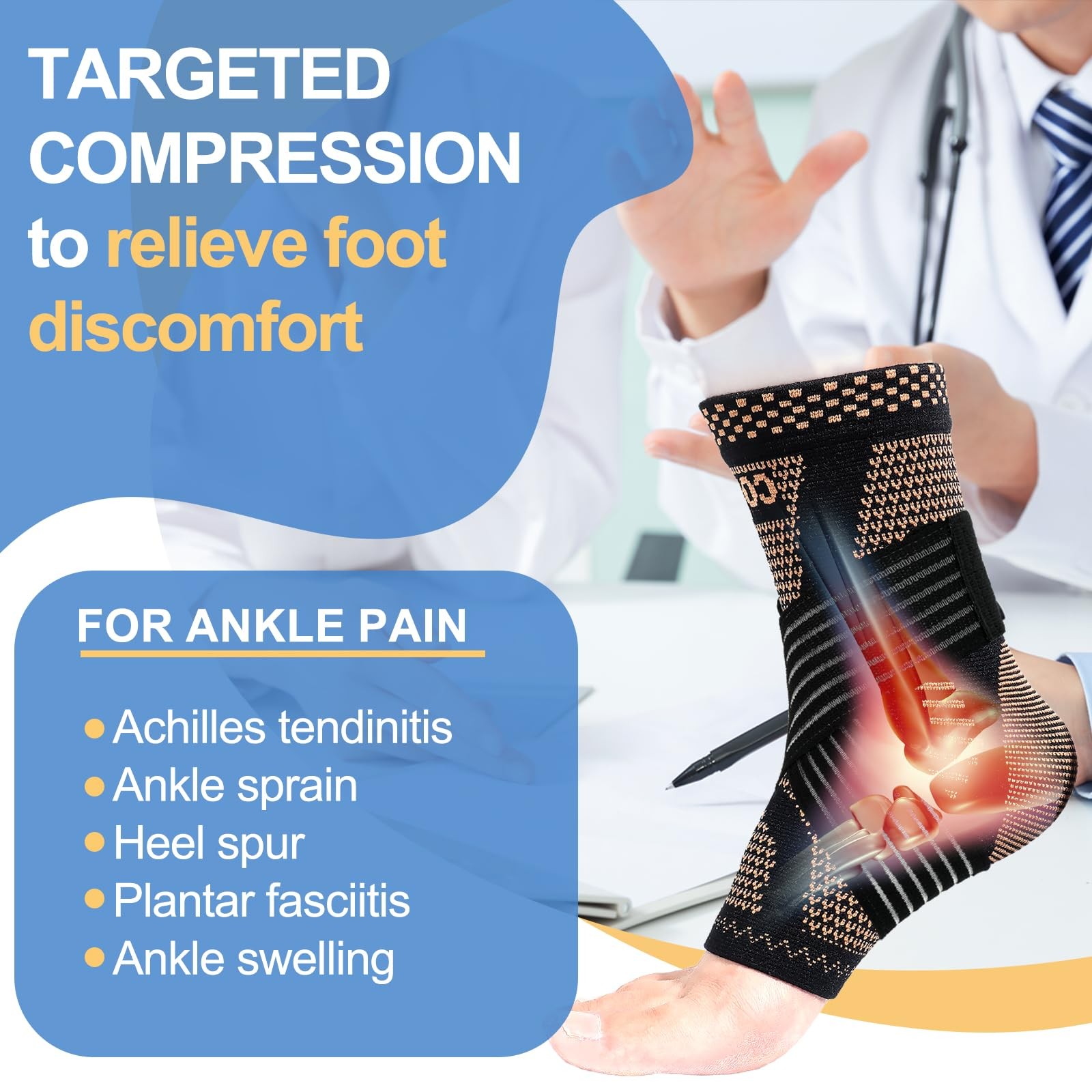 LISEPWU Copper Ankle Brace with Adjustable Compression Bandage, Large, Black