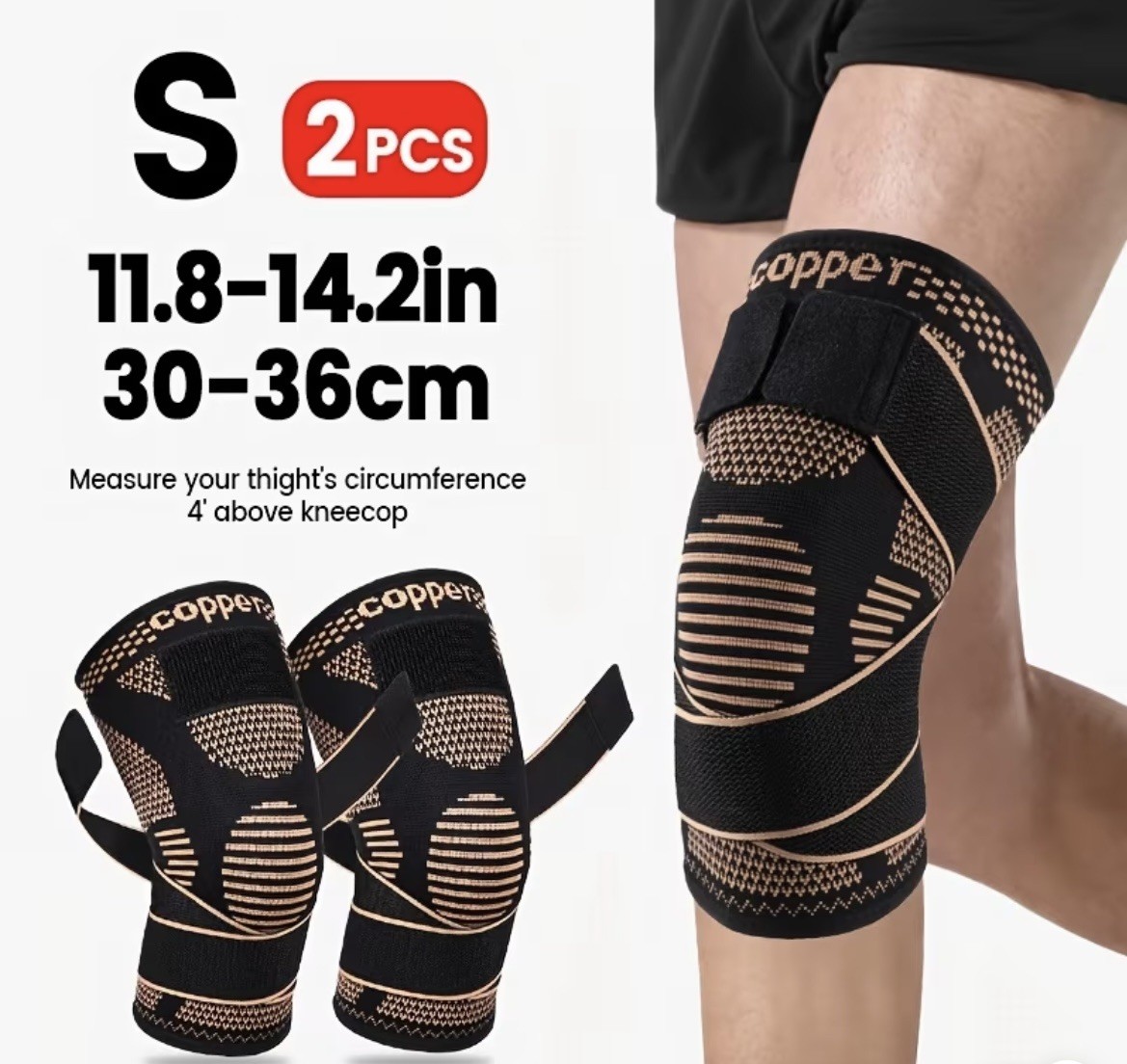 2-Pack Copper Knee Brace for Women and Men, Knee Compression Sleeve with Straps