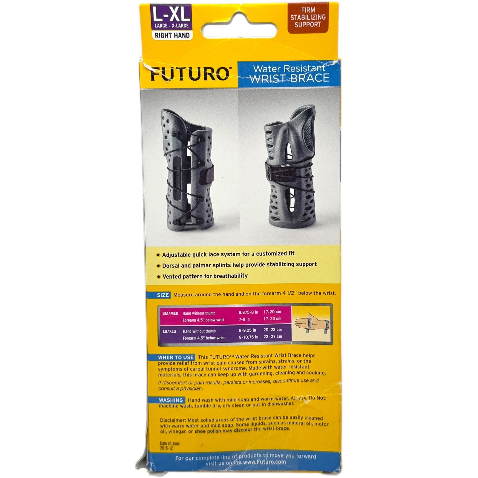 Futuro 3M Water Resistant Wrist Brace Right Hand L-XL Firm Support Splint Straps