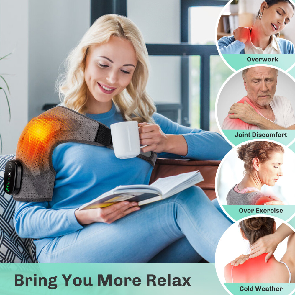 Electric Heated Vibration Shoulder Brace Support Compression Massage Pain Relief