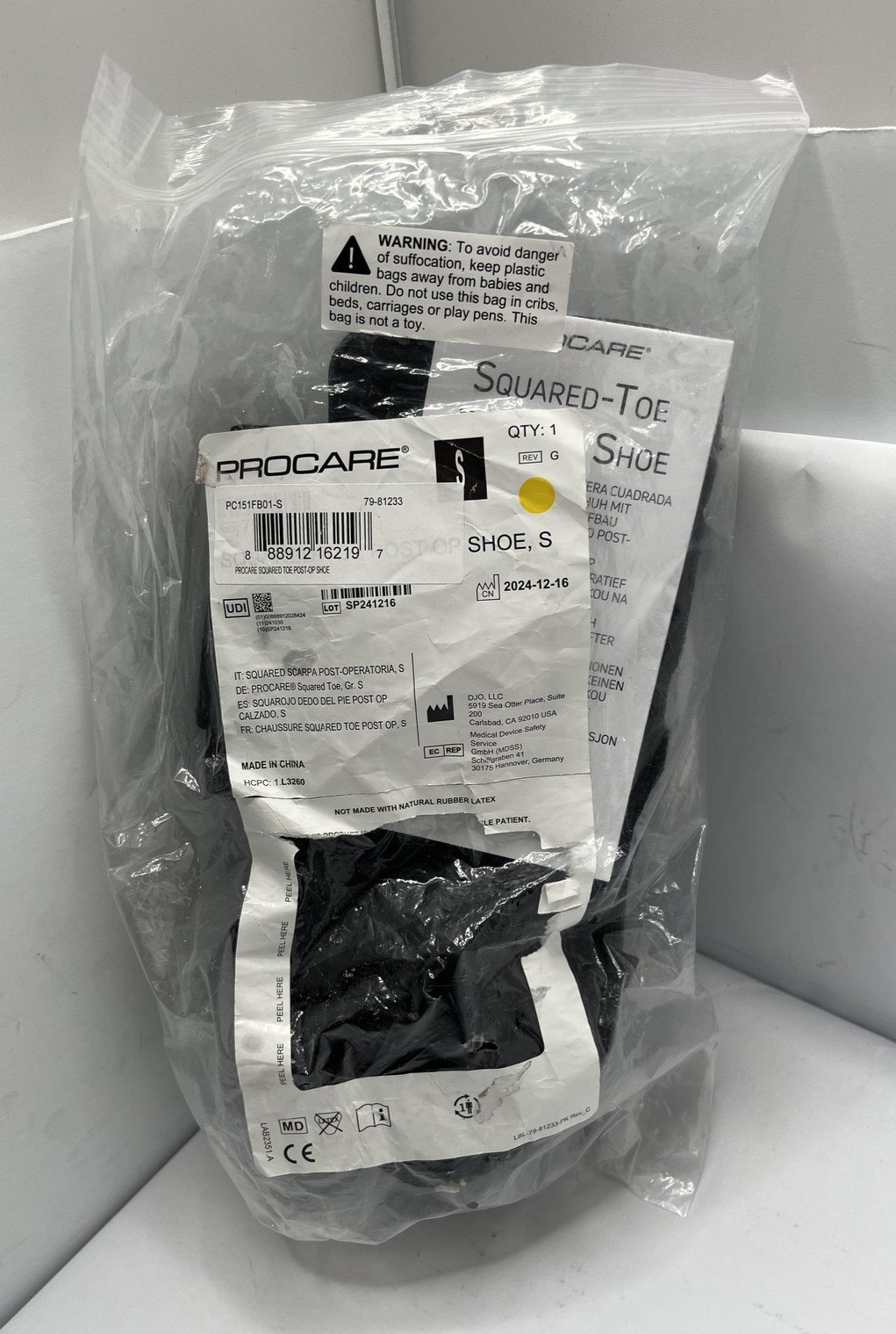 Procare Squared-Toe Post-Op Shoe Small Black Adjustable Medical Recovery New