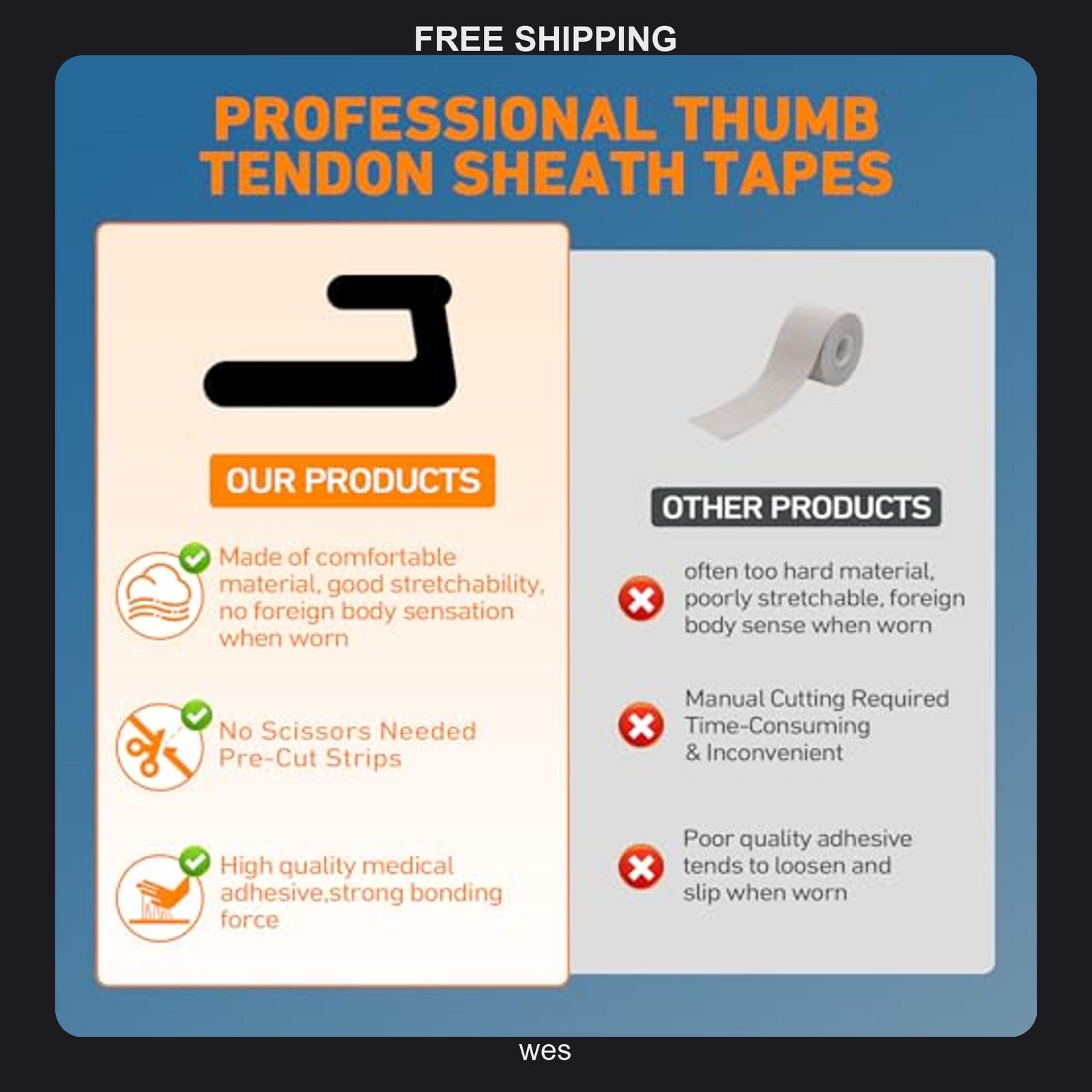 12 Count KTQUICK Precut Kinesiology Thumb Tape – Left Hand Support – Black