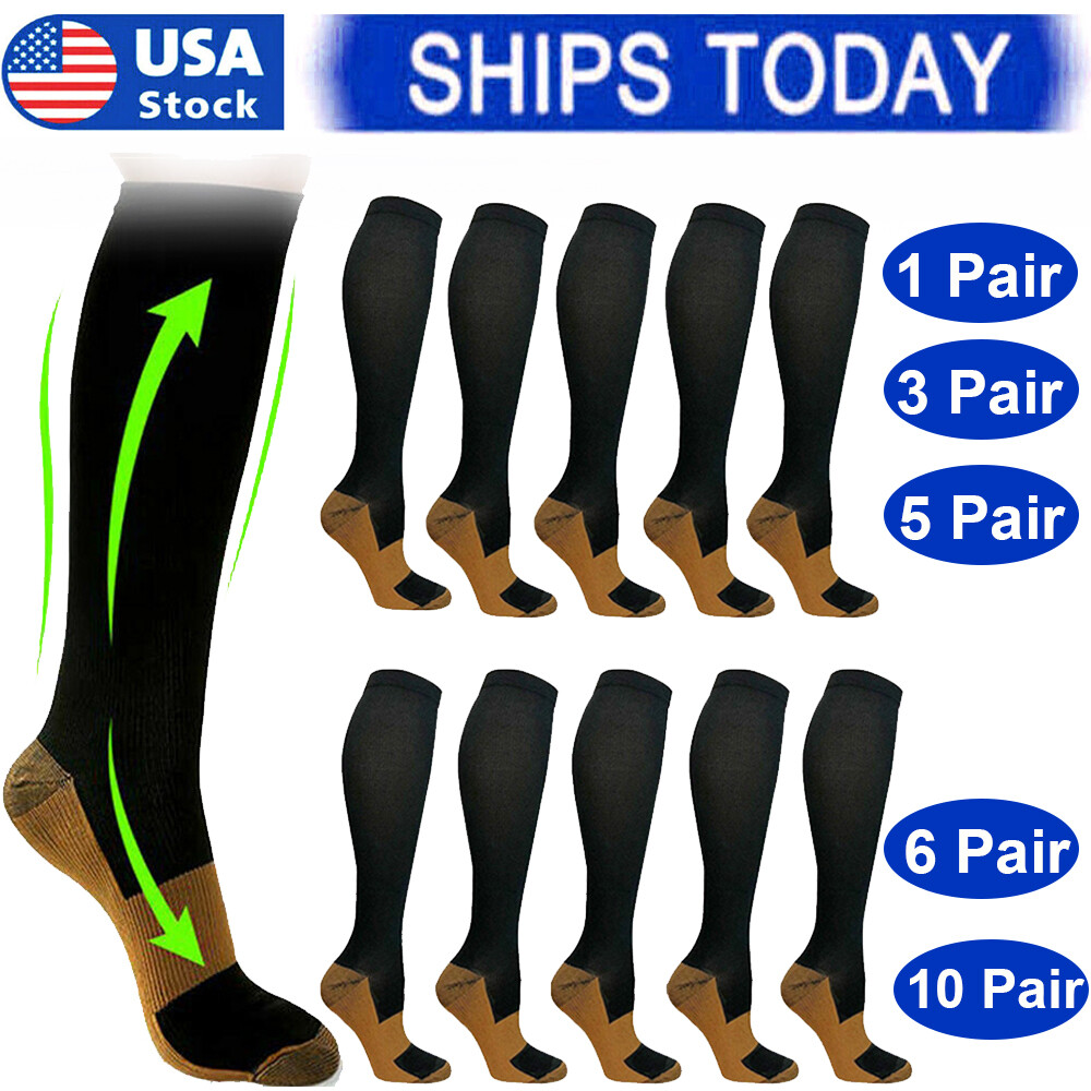 6 Pairs Copper Compression Socks 20-30mmHg Graduated Support Men Women S-XXL