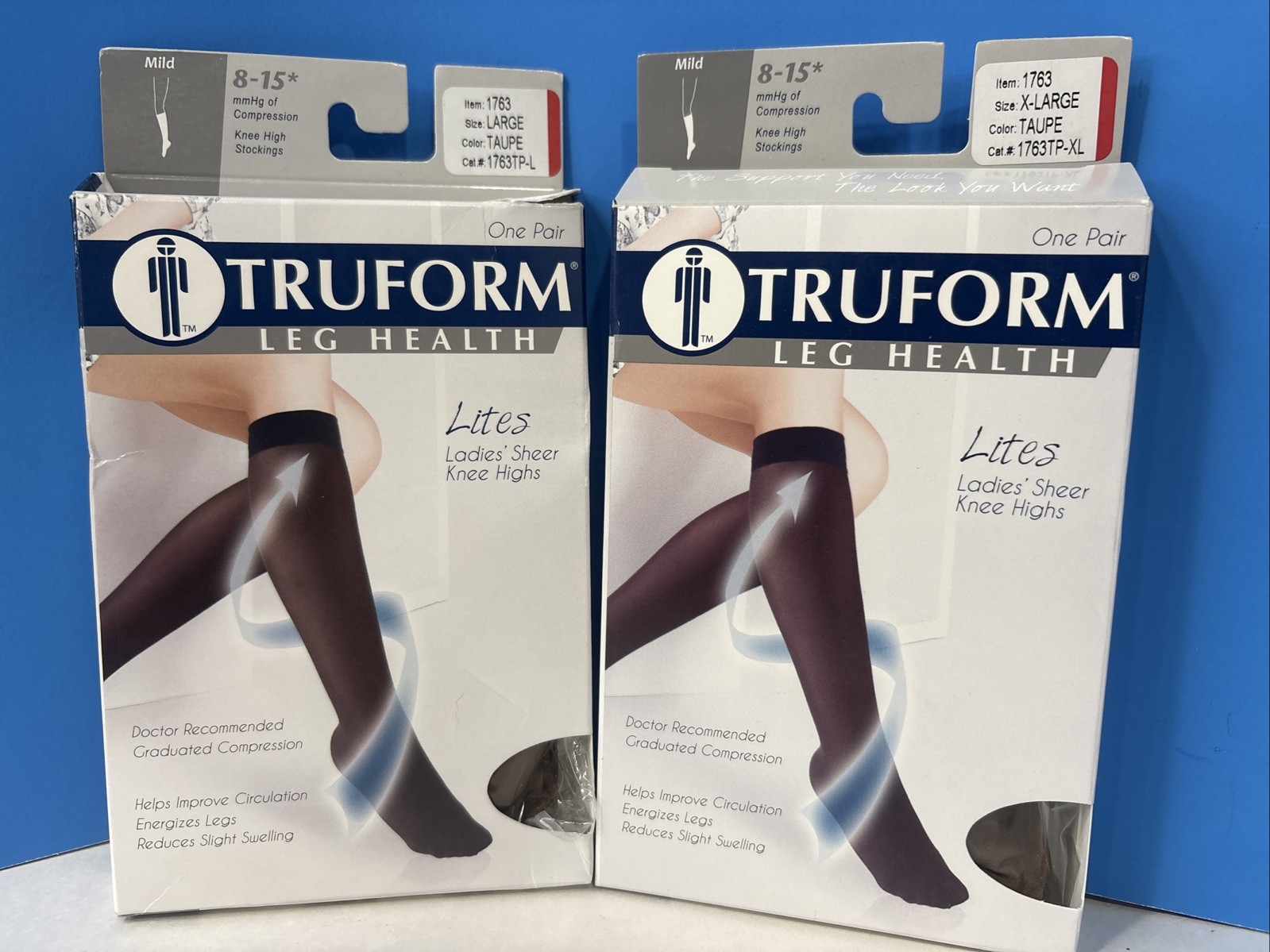 2x Truform 1763, Knee High Stocking, 8-15 MMHG of Compression, Taupe Lg and Xl