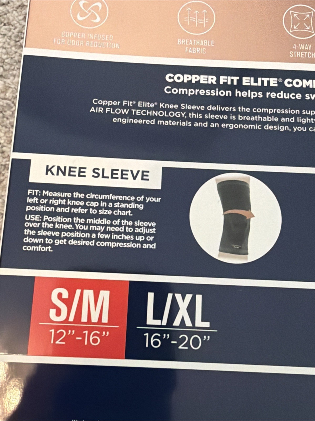 Copper Fit Elite Air Compression Knee Sleeve, 2 Pack – S/M size Open Box