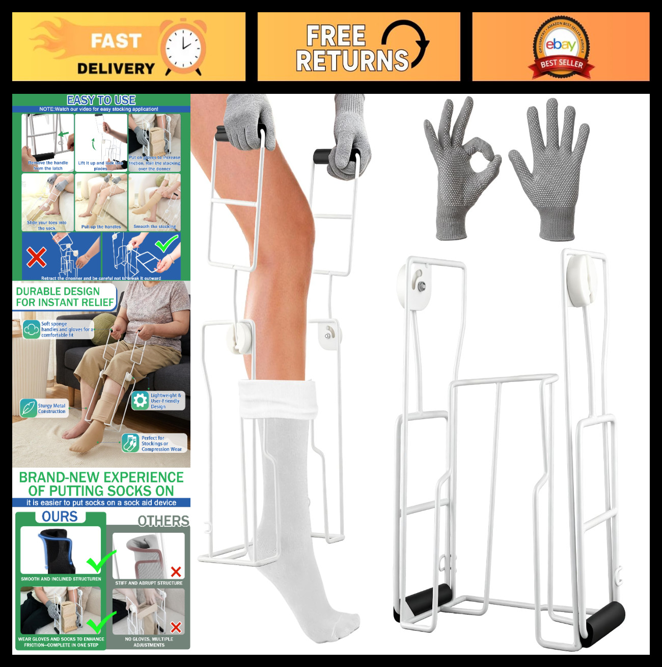 Compression Sock Aid Device with Non-Slip Gloves – Easy Dressing Tool for Senior