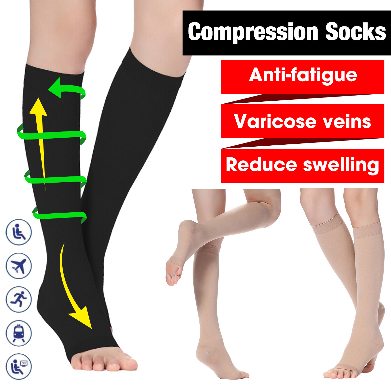 Compression Socks Support Hose Men Women Edema Diabetic Varicose Veins Travel