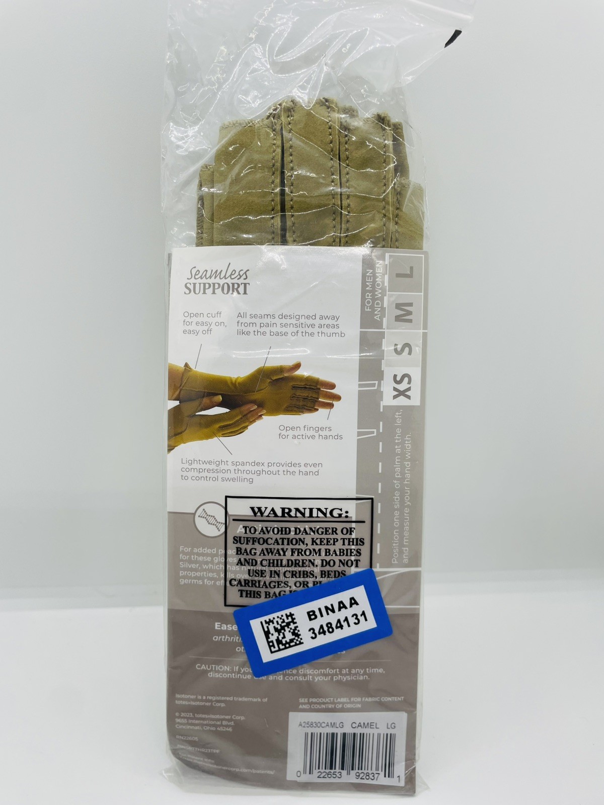 Isotoner Therapeutic Compression Fingerless Gloves Camel Tan, Large