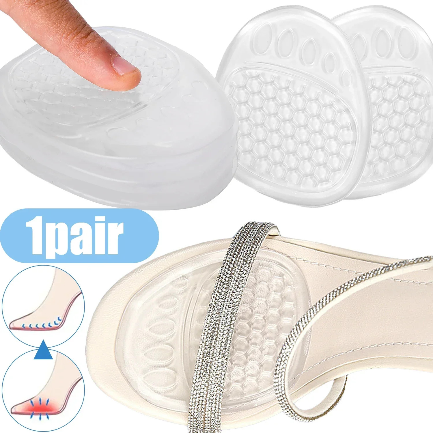 4Pairs Forefoot Insert Cushion Pads for Women Shoe Anti Slip Silicone Foot Pain