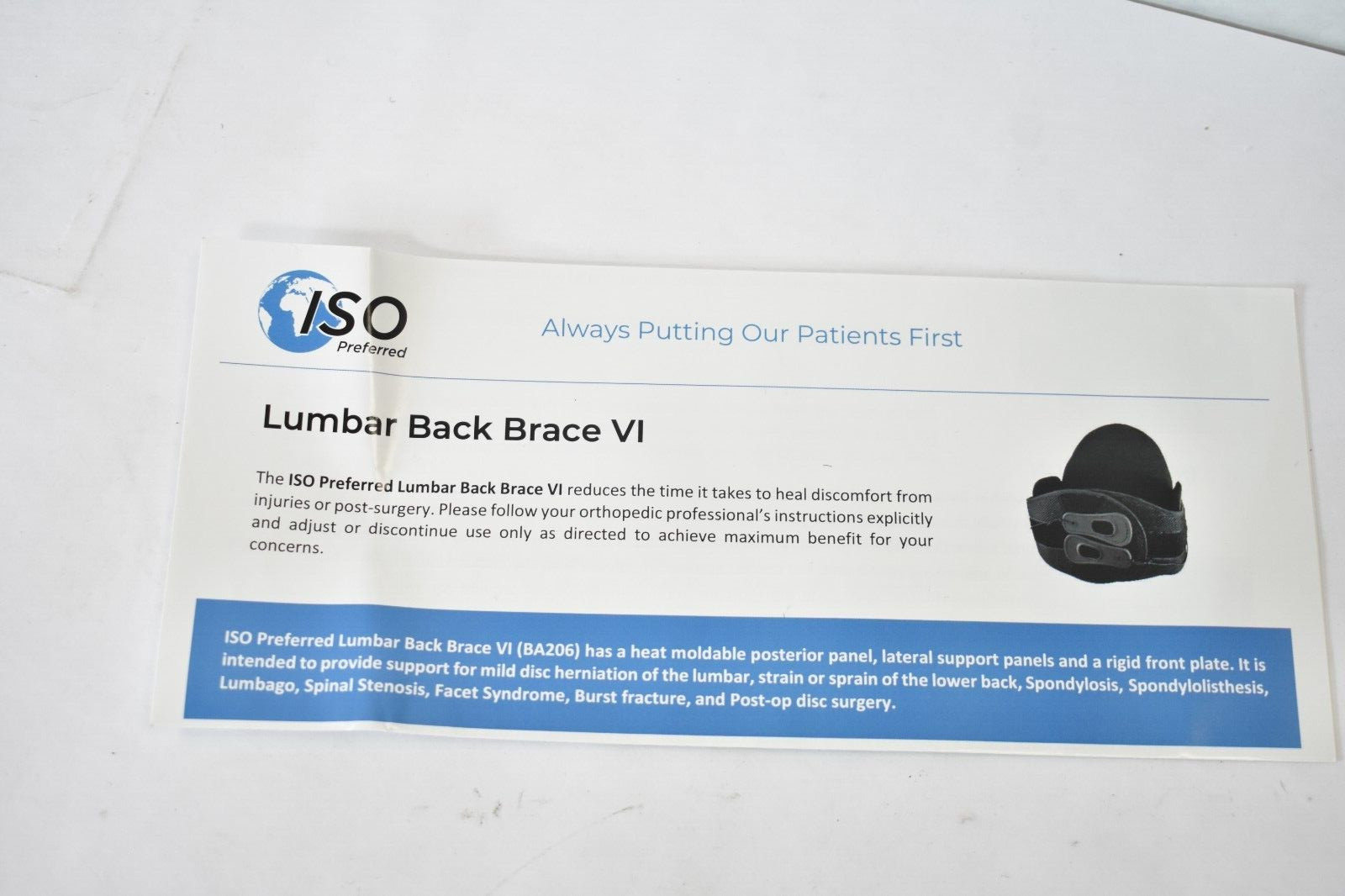 ISO Preferred Lumbar Back Brace VI ISO-BA206 Black Patient Care Posterior Panel