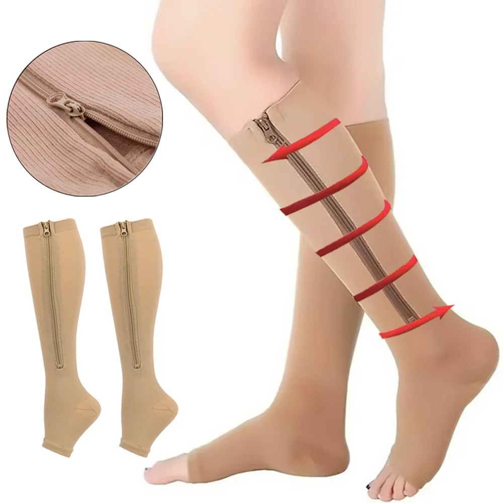 Compression Socks (2 Pack) Stockings 20-30mmHg Knee High Support Open Toe Zipper