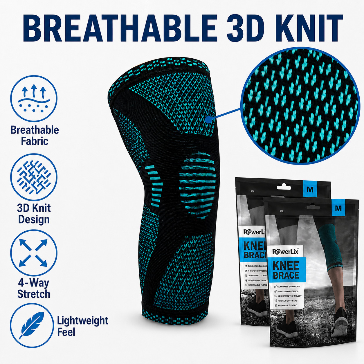 POWERLIX Knee Brace Compression Sleeve 2 Pack Pair Men Women Medium Teal Support