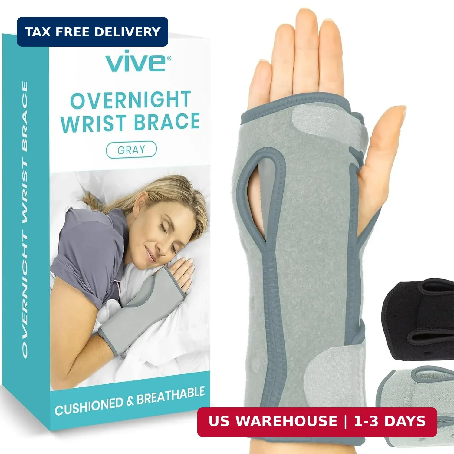Vive Night Wrist Splint Brace – Left, Right Hand Sleep Support Wrap – Breathable