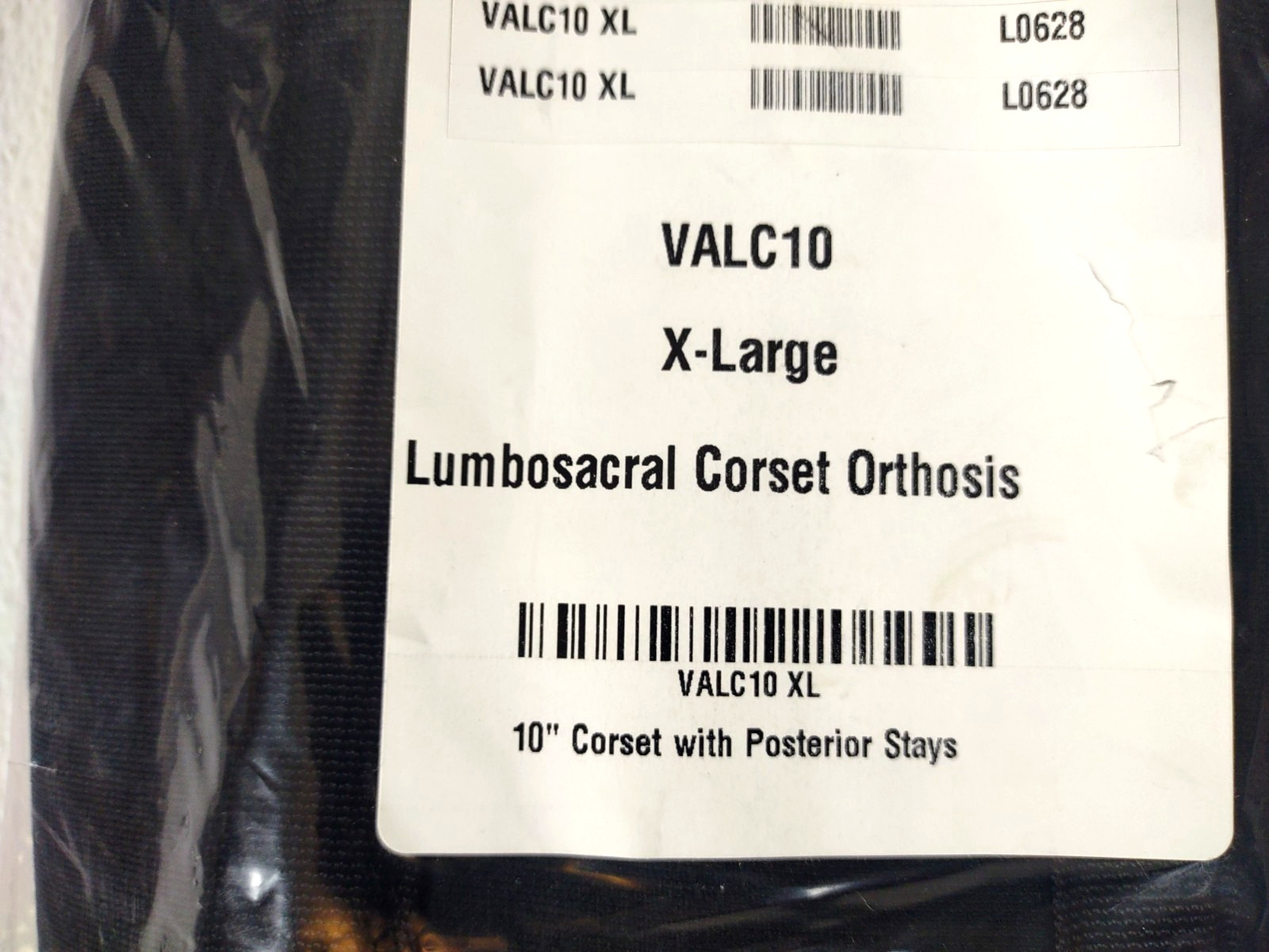 Lumbosacral Corset Orthosis Black XL 10″ Corset w/ Posterior Stays VALC10