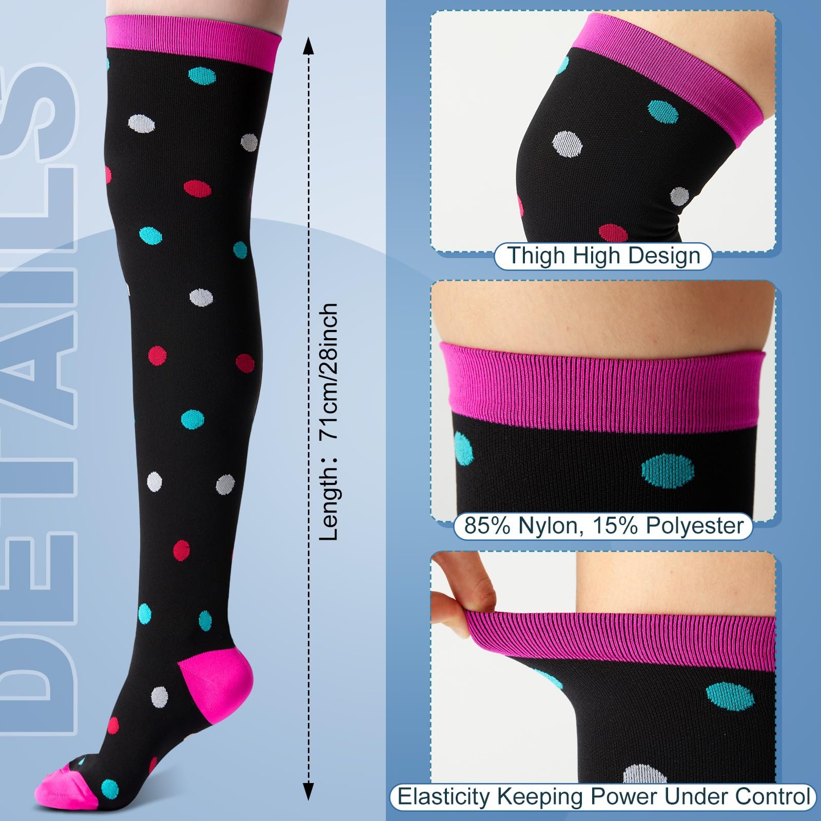 Chicingyo 6 Pairs Thigh High Compression Socks for 15-20 mmHg, Multicolor