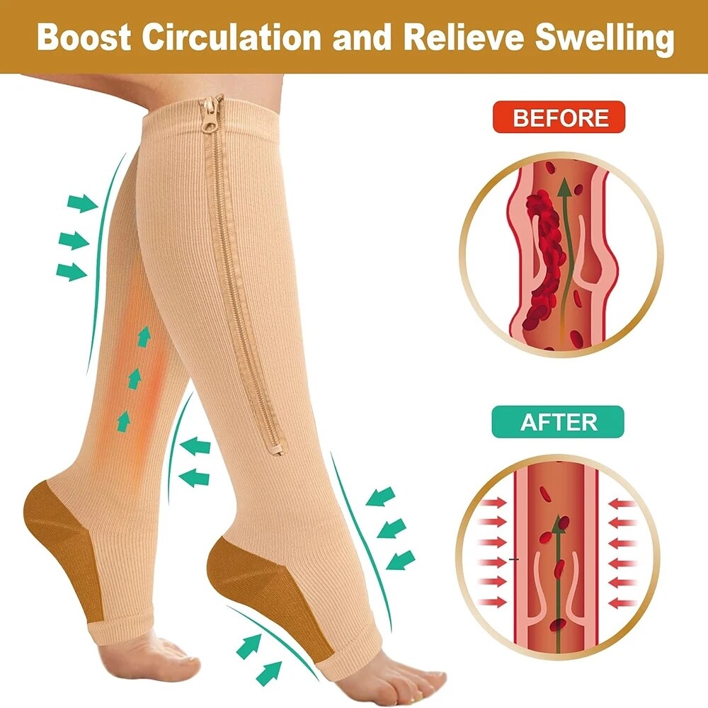 Copper Zipper Compression Socks Supports Stockings Open Toe Men&Women 20-30mmHg