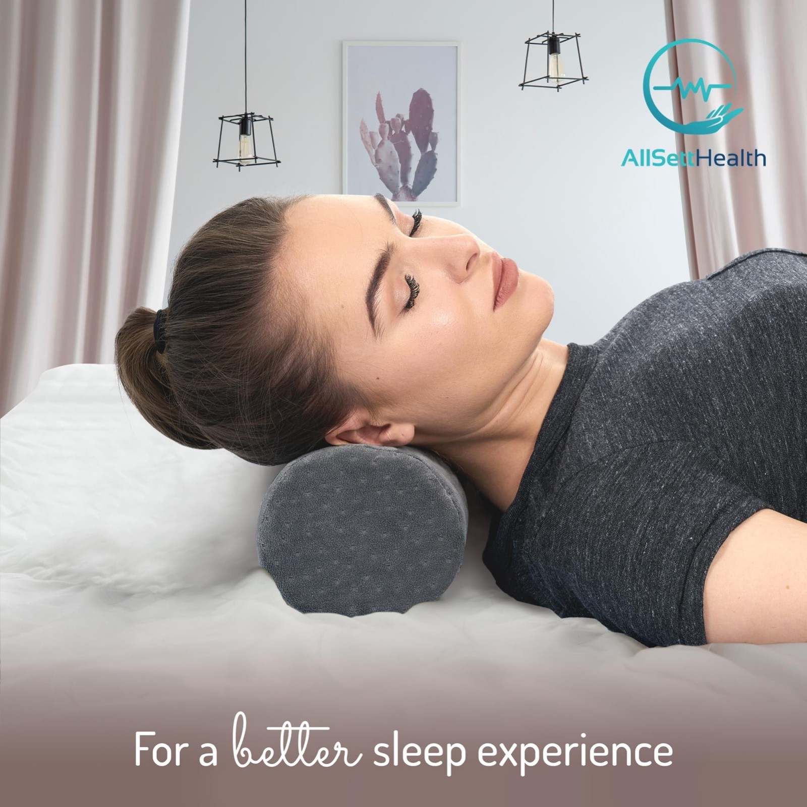 AllSettHealth Gray Neck Roll pillow that emphasizes comfort, health benefits