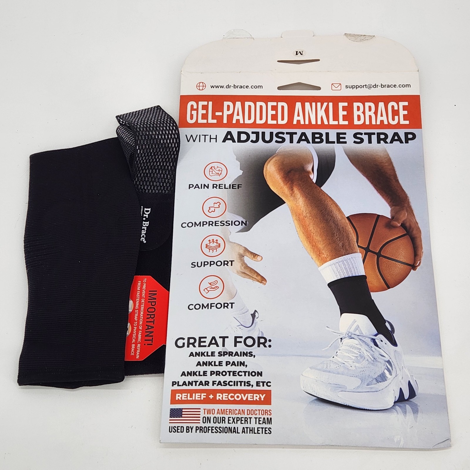 DR. BRACE Padded Ankle Brace With Strap “Relief & Recovery” Black Size Medium