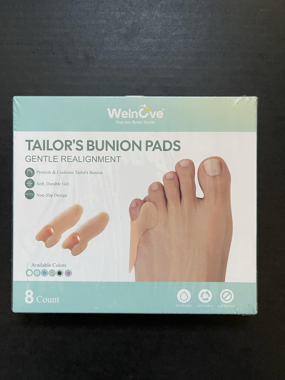 Welnove Gel Bunion Pads Toe Protectors Latex Free Reusable Non-Slip 8ct