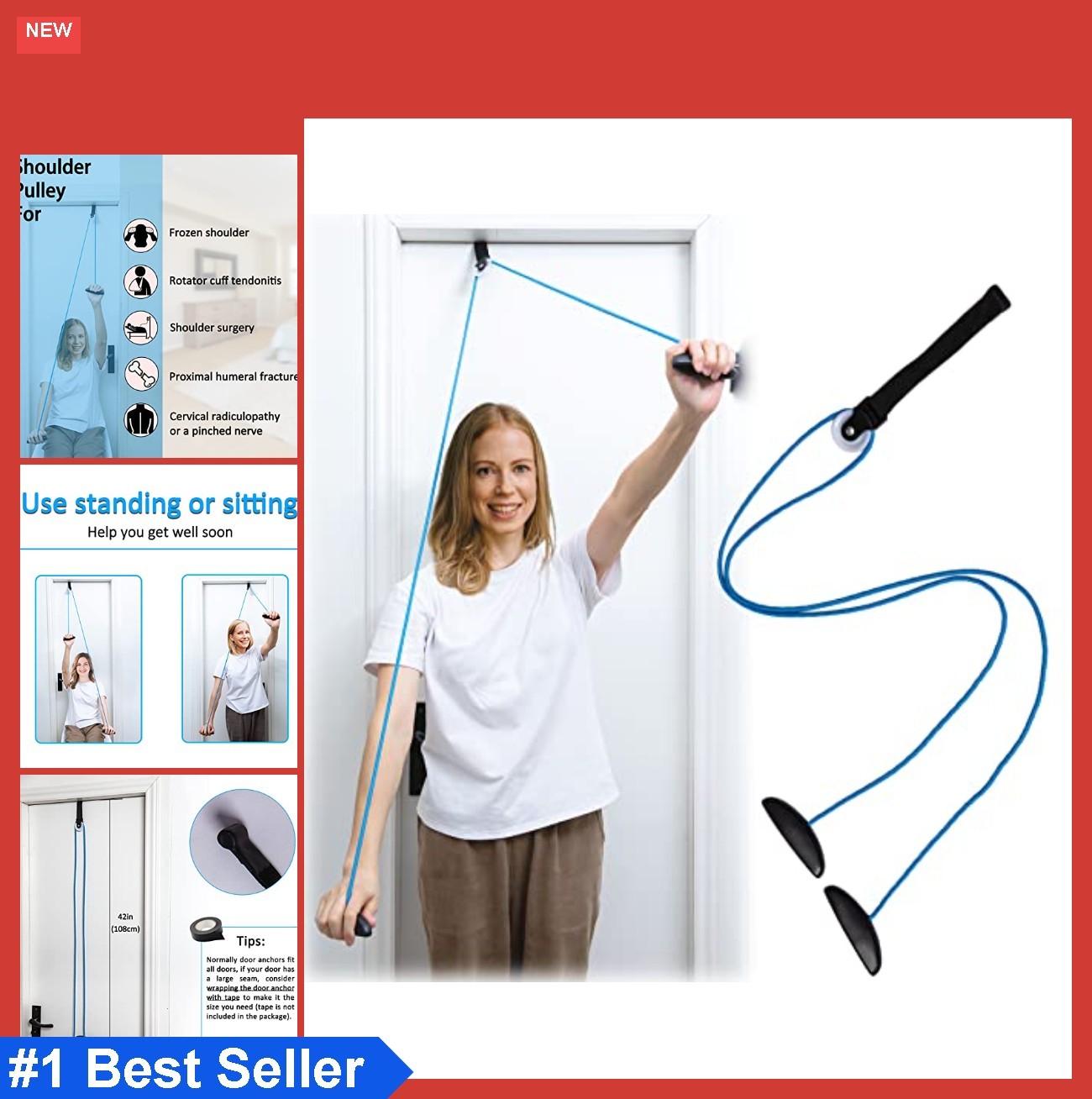 Shoulder Pulley Over Door Physical Therapy System Nylon Plastic Blue 42 Inch