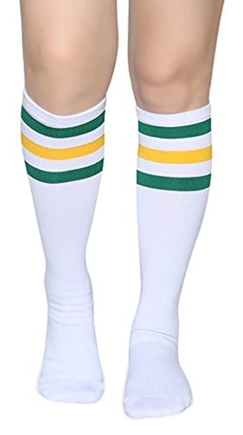 Triple Stripes Soft Cotton Knee High Tube Socks One Size Green/Yellow/White