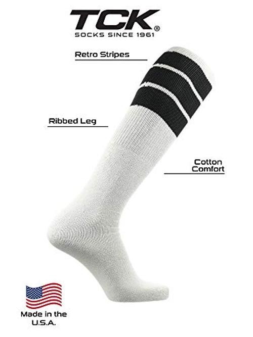 Retro Tube Socks with Stripes for Men & Women – 3 Stripe, 70’s Large Black