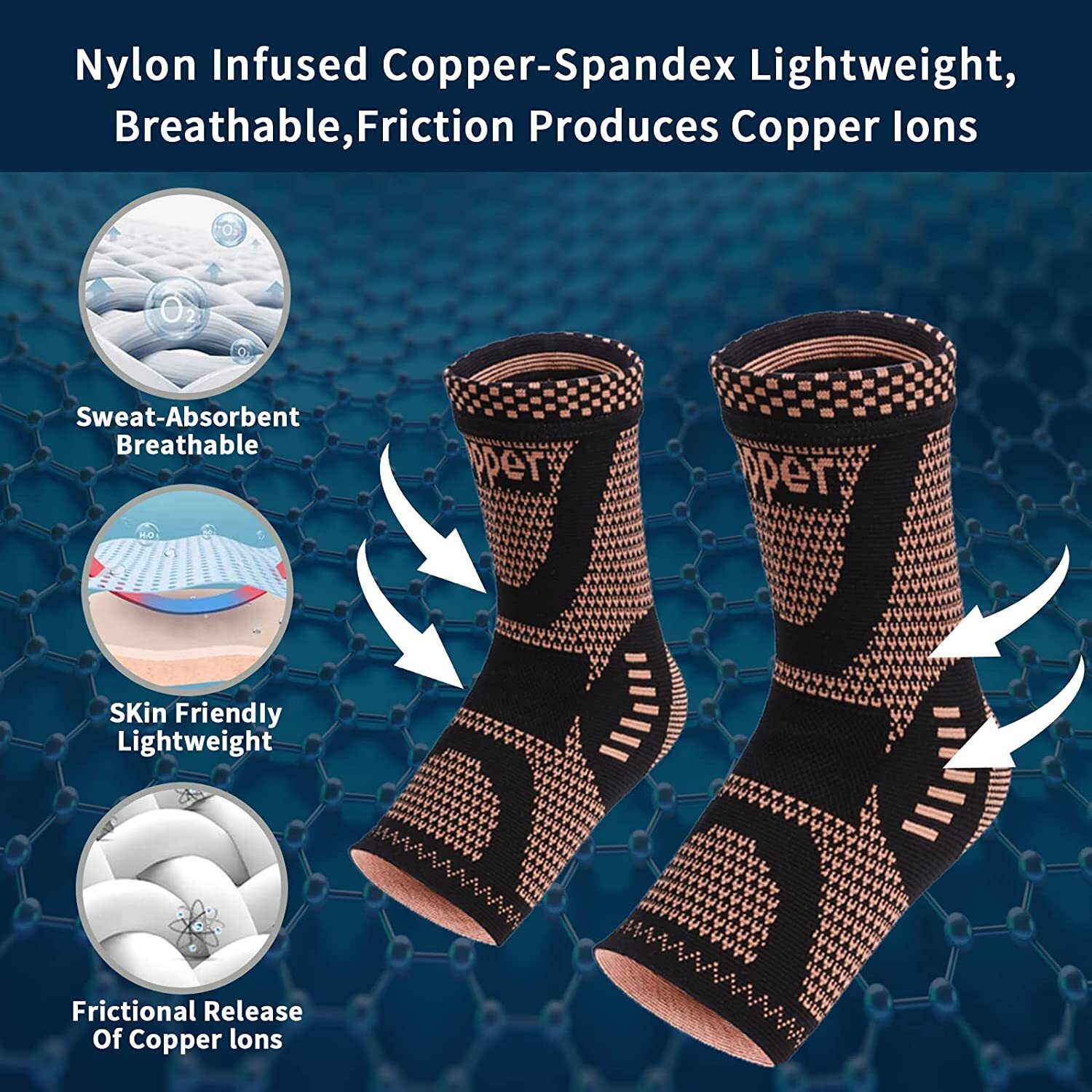 Copper Ankle Support Brace Compression Sleeve Plantar Sports Wrap Foot Fasciitis