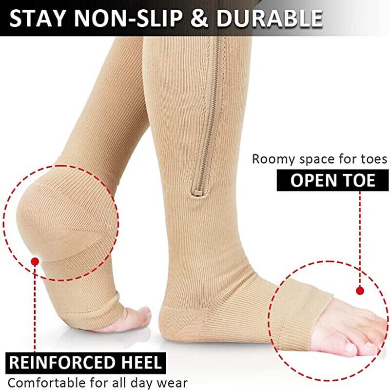 3 Pair Unisex Beige Tan Compression Socks Side Zip Open Toe Leg Support L/XL New