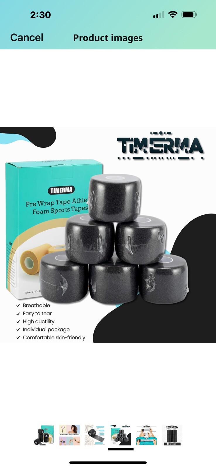 5 Pk Timerma 6 Rolls Pre Wrap Athletic, Foam sports Tape: Hair-Ankle-Wrist Black