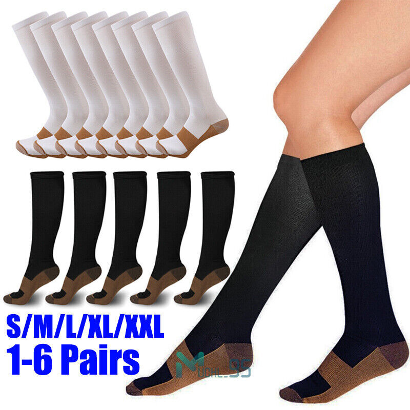 (S-XXL) Copper Compression Support Socks 20-30mmHg Knee High Unisex 3/6 Pairs–