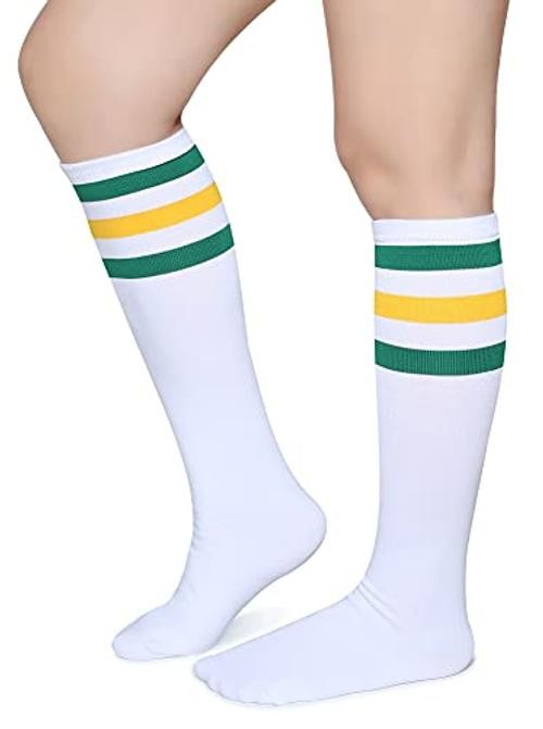 Triple Stripes Soft Cotton Knee High Tube Socks One Size Green/Yellow/White