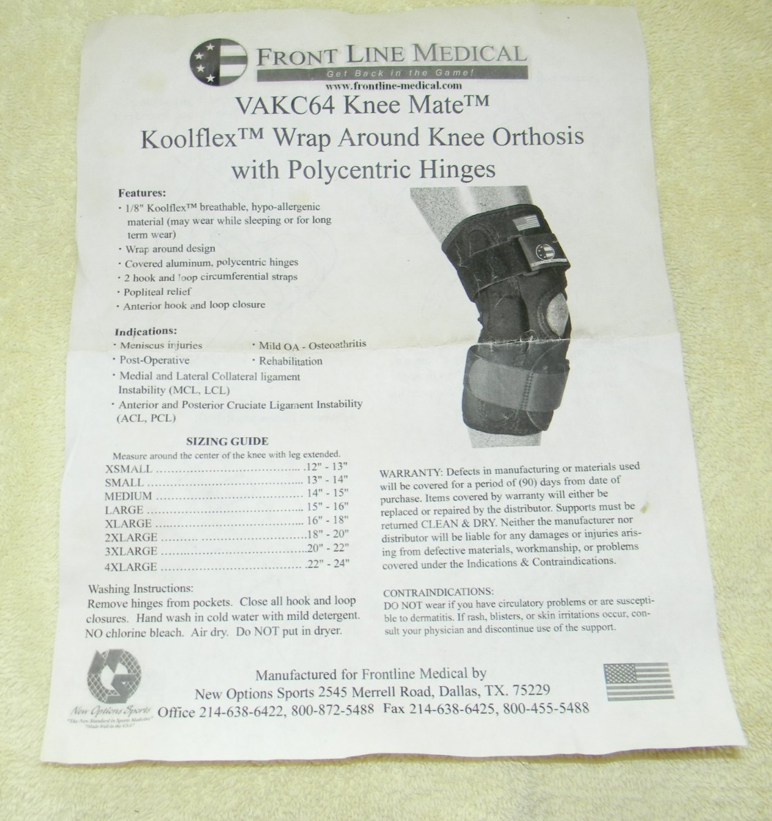 Front Line Medical VAKC64 Koolflex Wrap Around Hinged Knee Brace ~ Size Medium