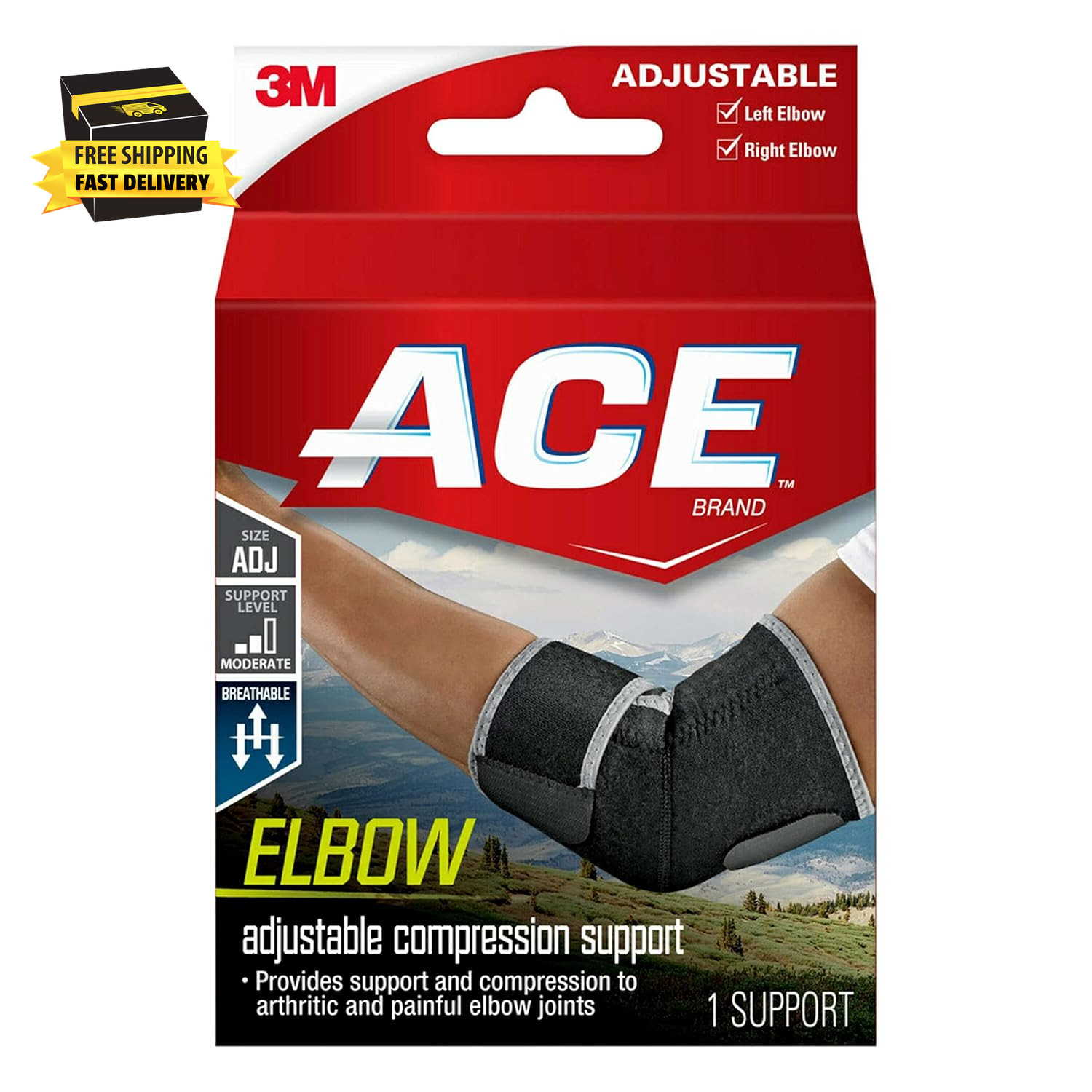 ACE Brand Adjustable Compression Elbow Support, Moderate Support for Weak, Sore