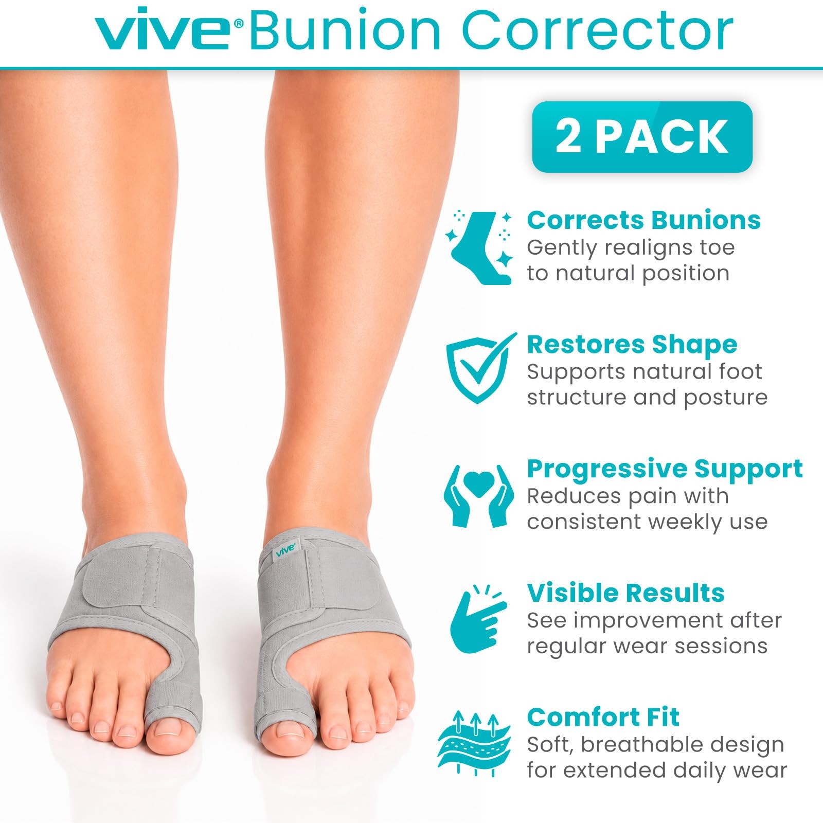 Vive Bunion Brace (Pair) – Big Toe Corrector 1 Count (Pack of 1), Gray