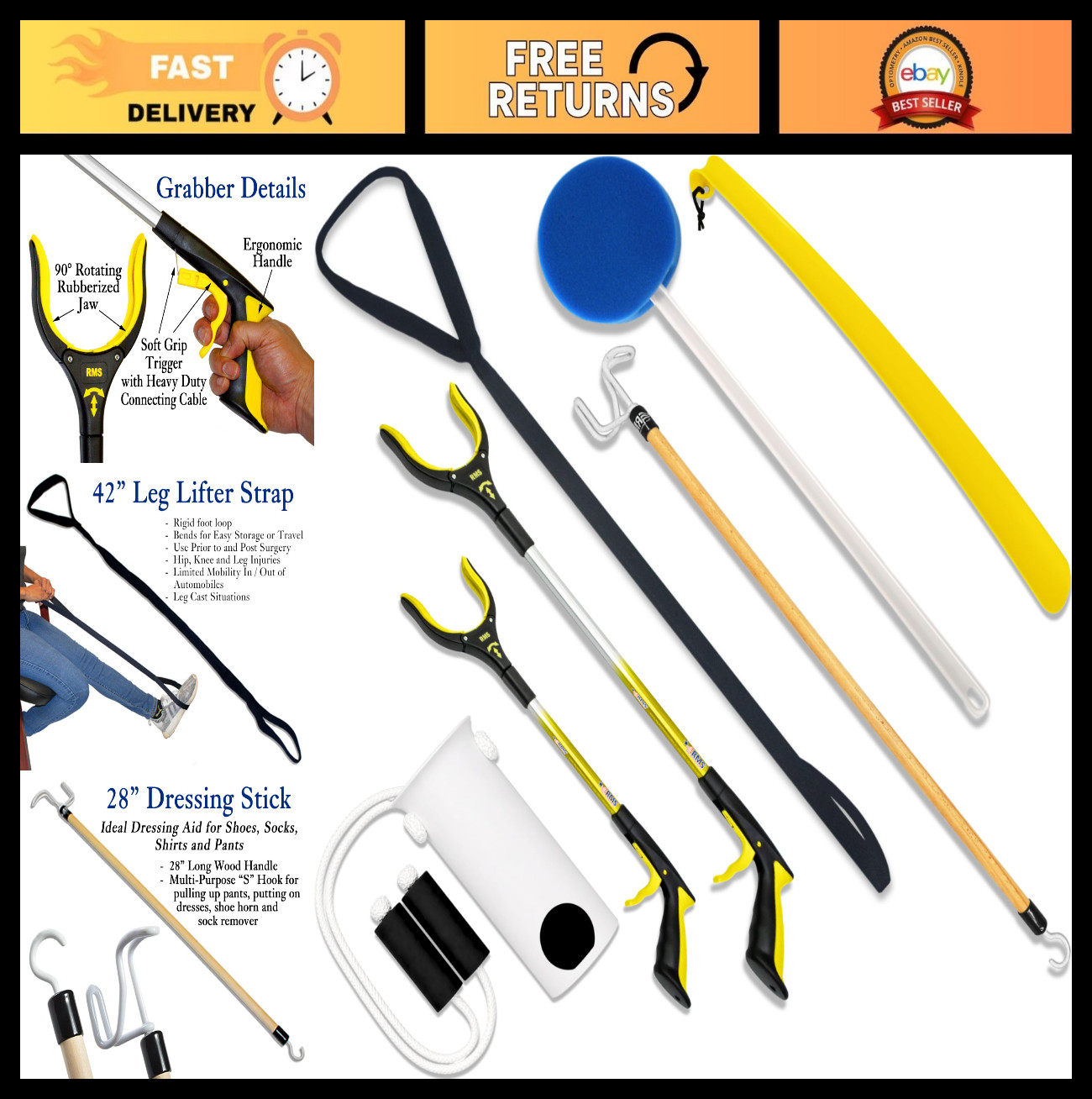 7-Piece Hip & Knee Kit – Leg Lifter, Reachers, Sock Aid, Dressing Stick & More –