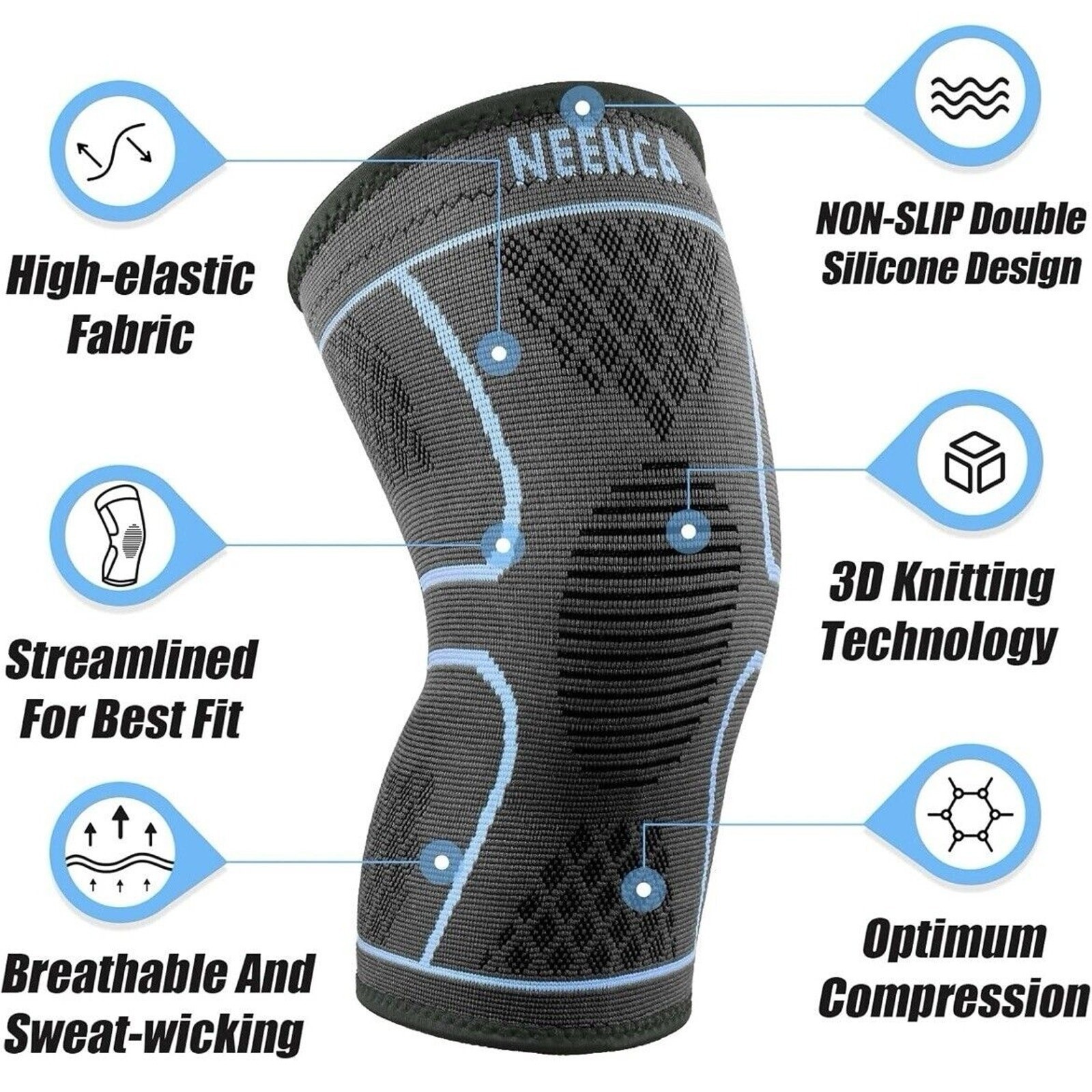 NEENCA Unisex Large Knee Brace Sleeves Pro Compression Knee Brace 2Pk Black/Blue