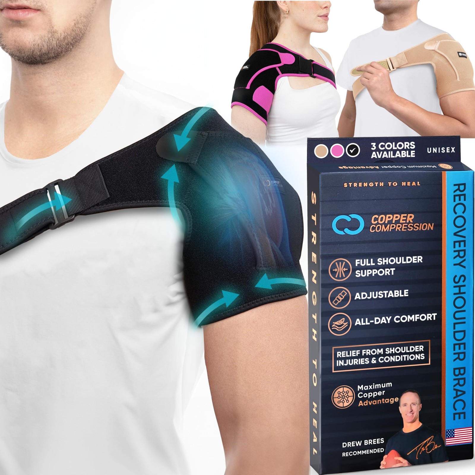 Copper Compression Recovery Shoulder Brace – Immobilizer Large-X-Large, Black