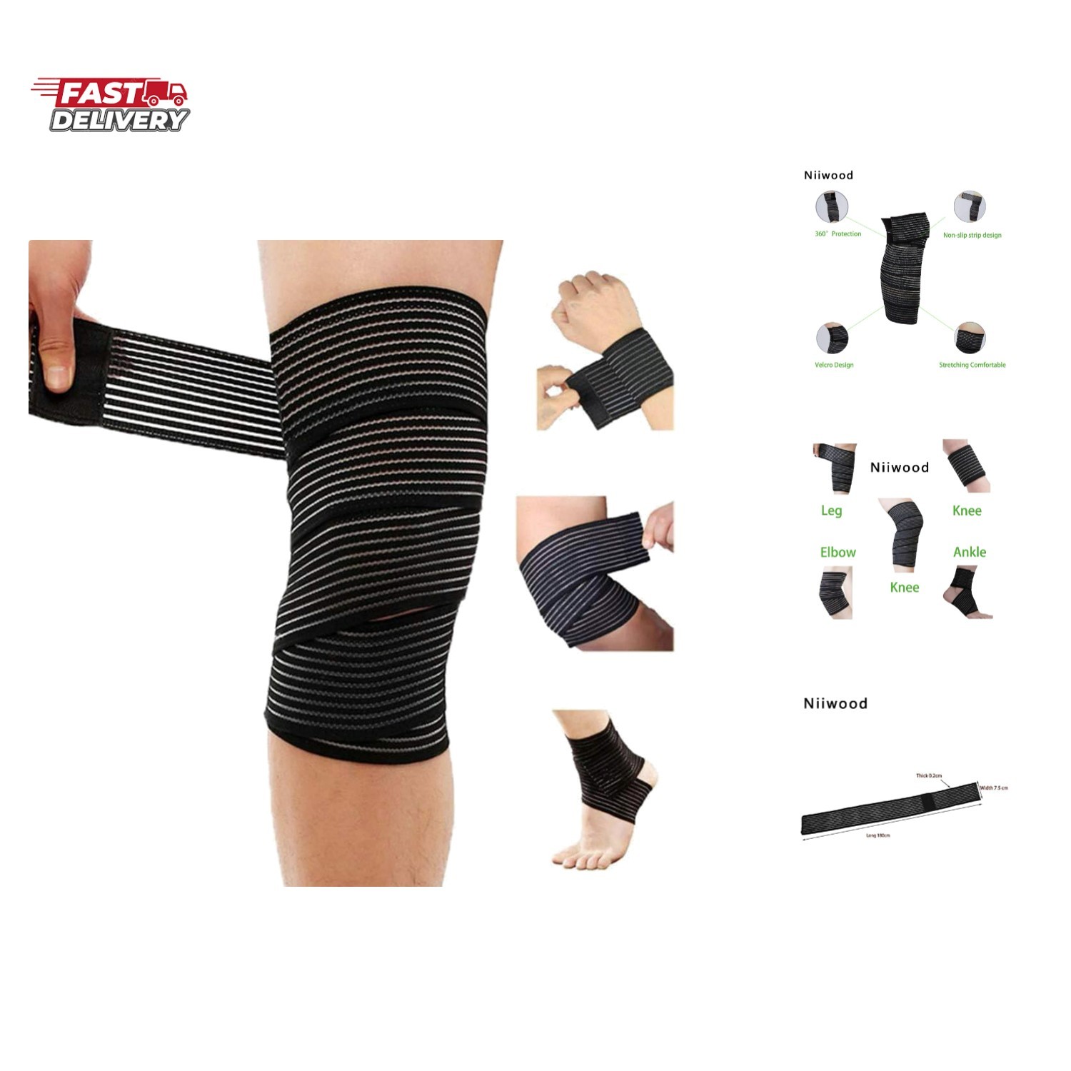 Extra Long Elastic Knee Wrap Compression Bandage Brace Support for Legs, Plan…
