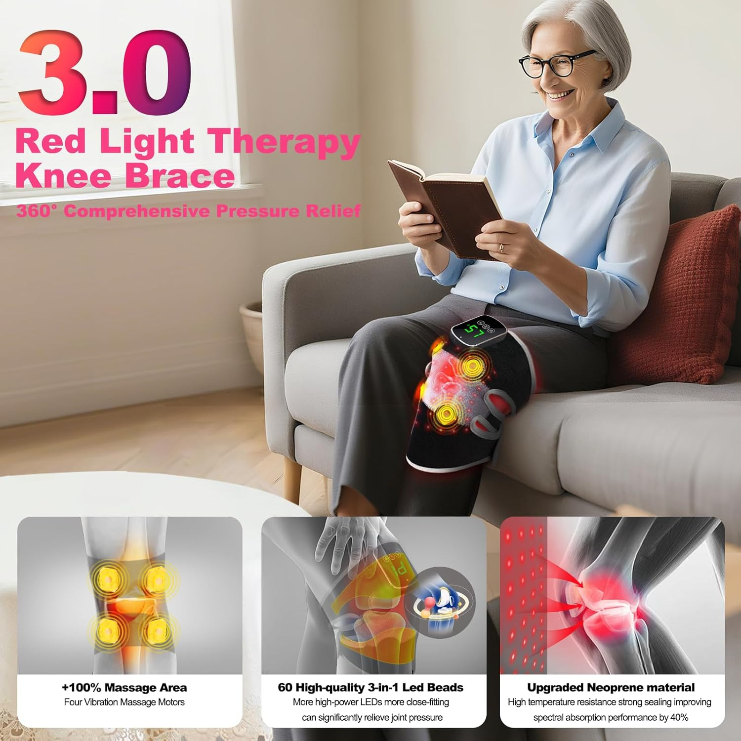 3-in-1 Heated Knee Brace with Red Light Therapy & Vibration Massage Relief