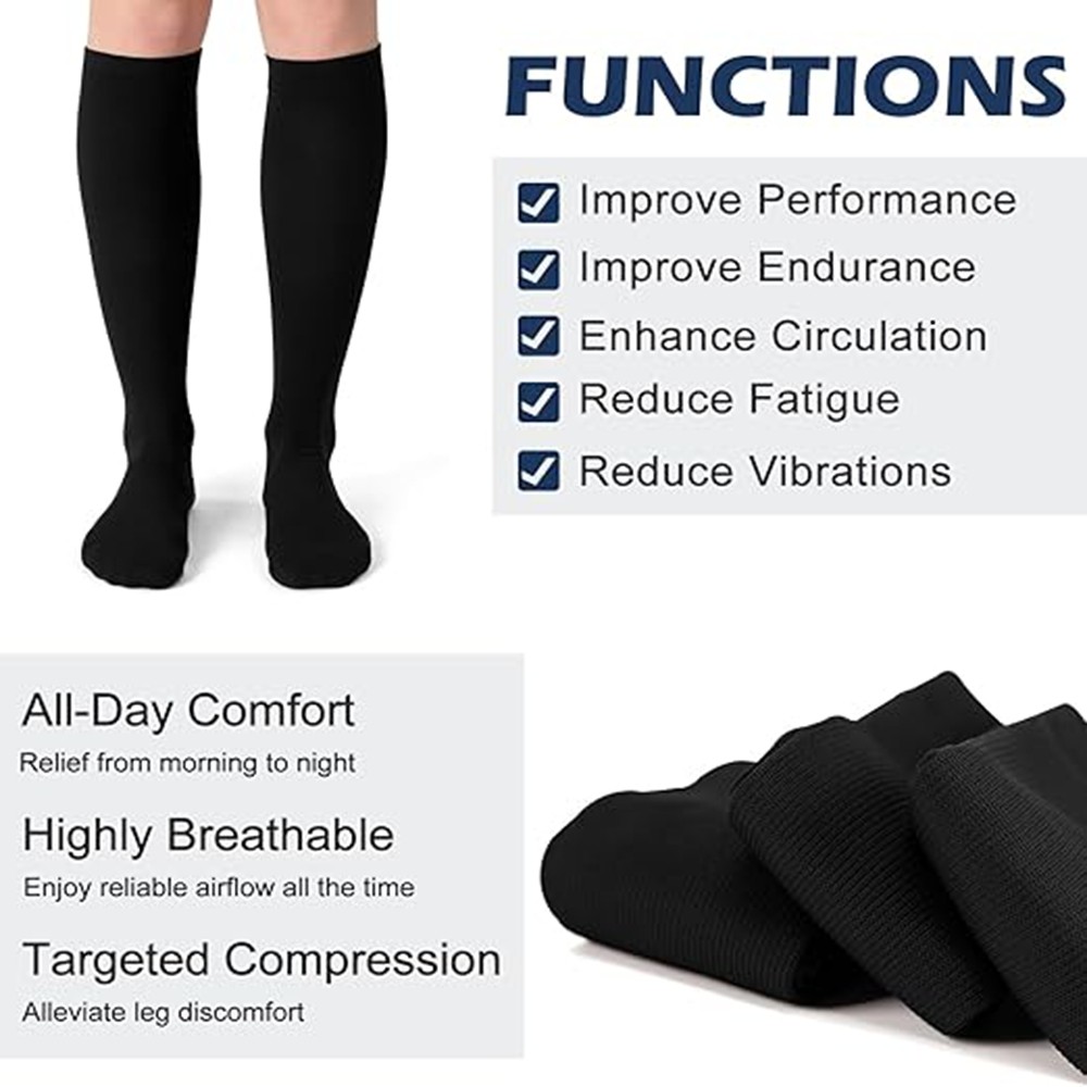3 Pair Compression Socks Wide Calf – Nylon Spandex Knee High Support Stockings