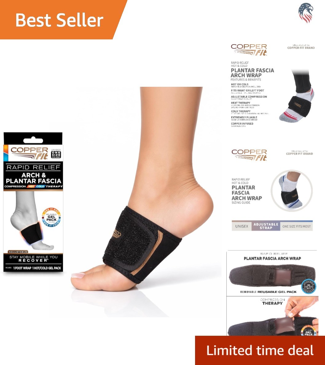 Adjustable Plantar Fascia Foot Wrap with Hot Cold Gel Pack for Arch Pain Relief