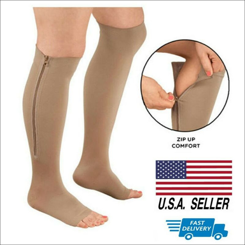 Compression Socks Toe Open Leg Support Stocking Knee High Socks with Zipper
