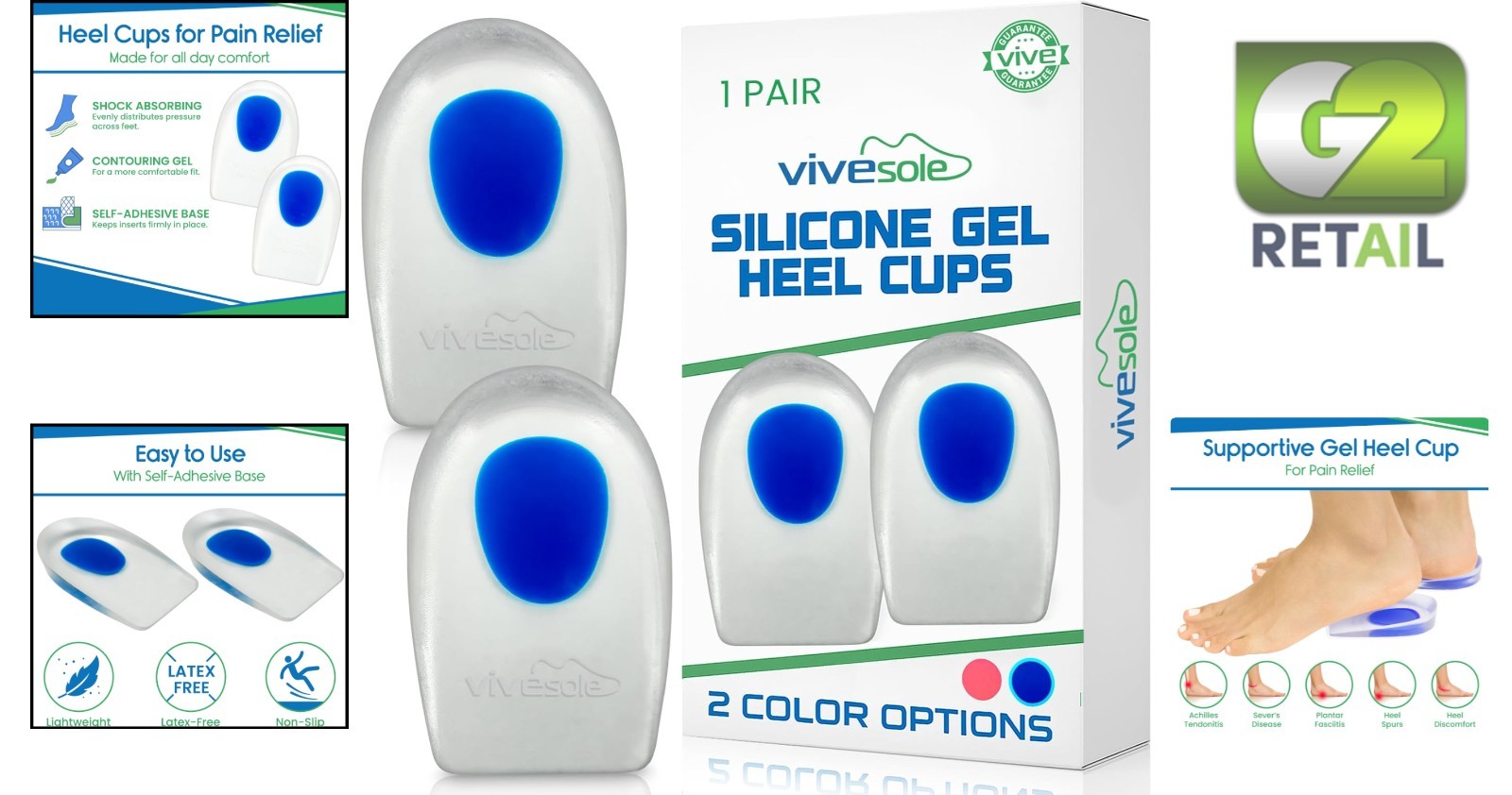 Gel Heel Cups – Silicone Cushion Inserts for Plantar Fasciitis Relief, Blue, S/M