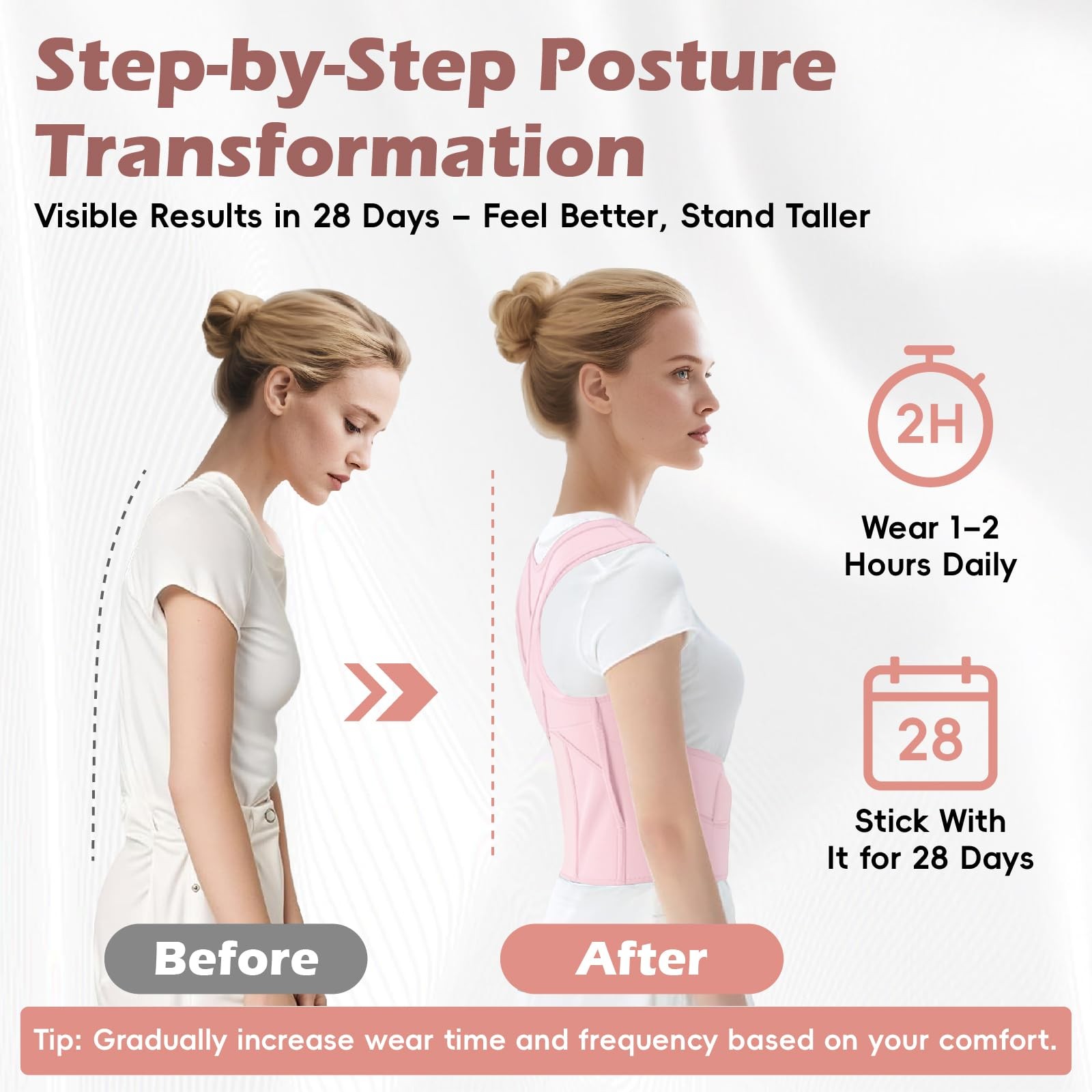 LuxuMach Posture Corrector for Women & Men, Full Back Brace Medium, Pink