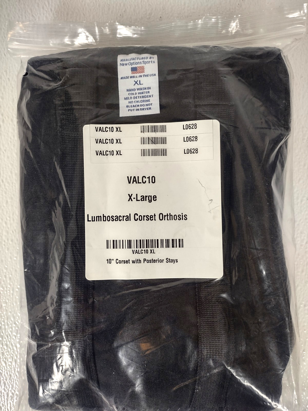 Lumbosacral Corset Orthosis Black XL 10″ Corset w/ Posterior Stays VALC10